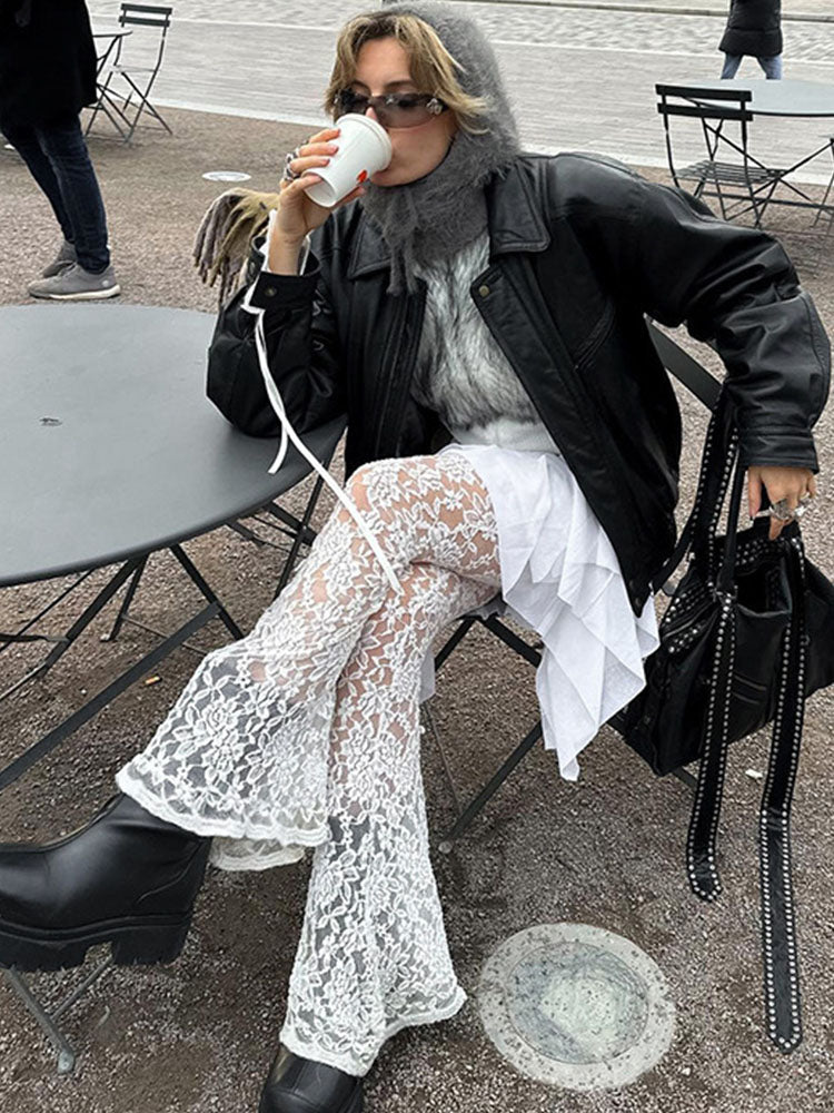 Taruxy See Through Lace Pants Summer Mesh Splice Culottes Pants Holiday Loose Femme Pantskirt