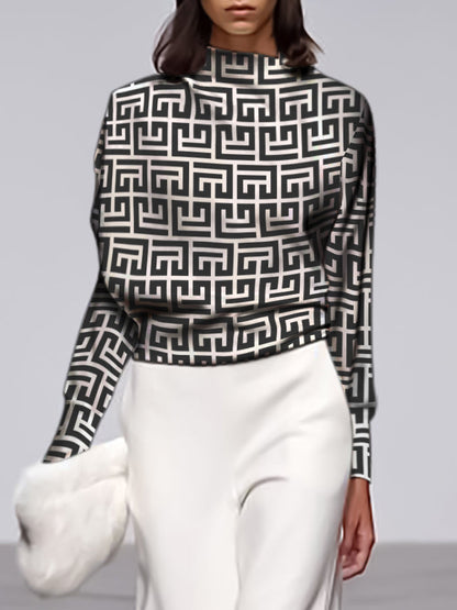 Long Sleeves Loose Geometric Printed Stand Collar T-shirts Tops