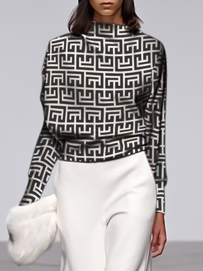 Long Sleeves Loose Geometric Printed Stand Collar T-shirts Tops