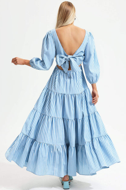 Puff Sleeve Cut-out Tiered Ruffle Hem Backless Maxi Dress