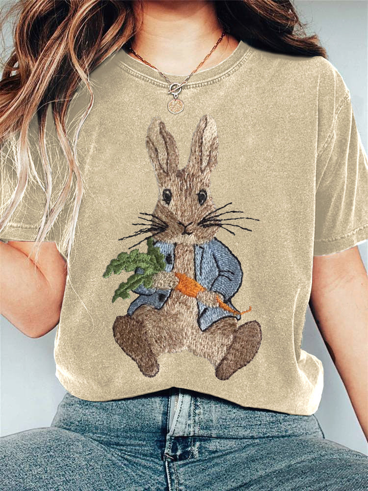Cute Bunny Embroidery Pattern Casual T-Shirt artswardrobe