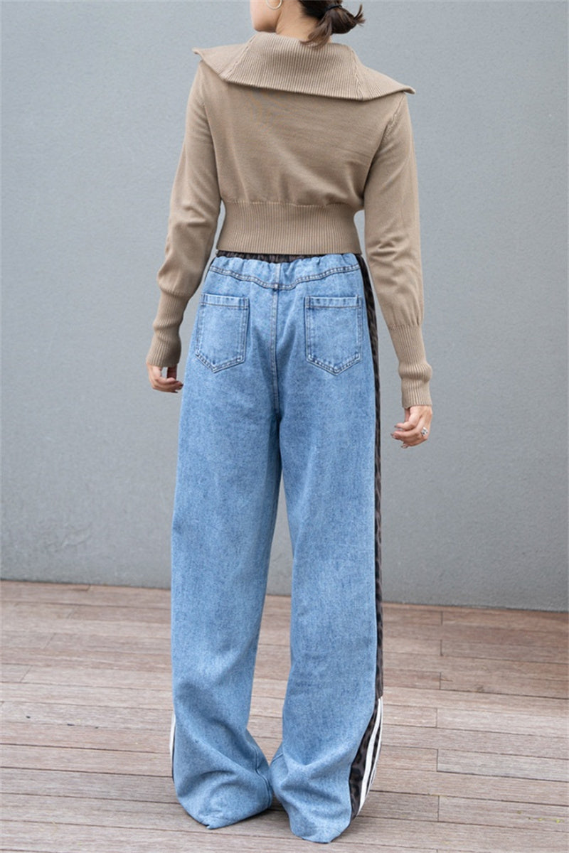 Leopard Print Patchwork High Waist Straight Denim Jeans