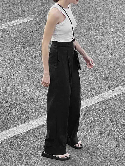 Spring Summer Black Office Trousers High Waist Pants Pockets Female Pleated Wide Leg Pants