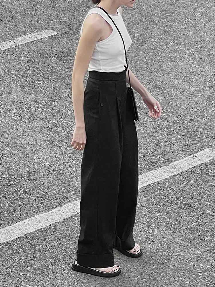 Spring Summer Black Office Trousers High Waist Pants Pockets Female Pleated Wide Leg Pants