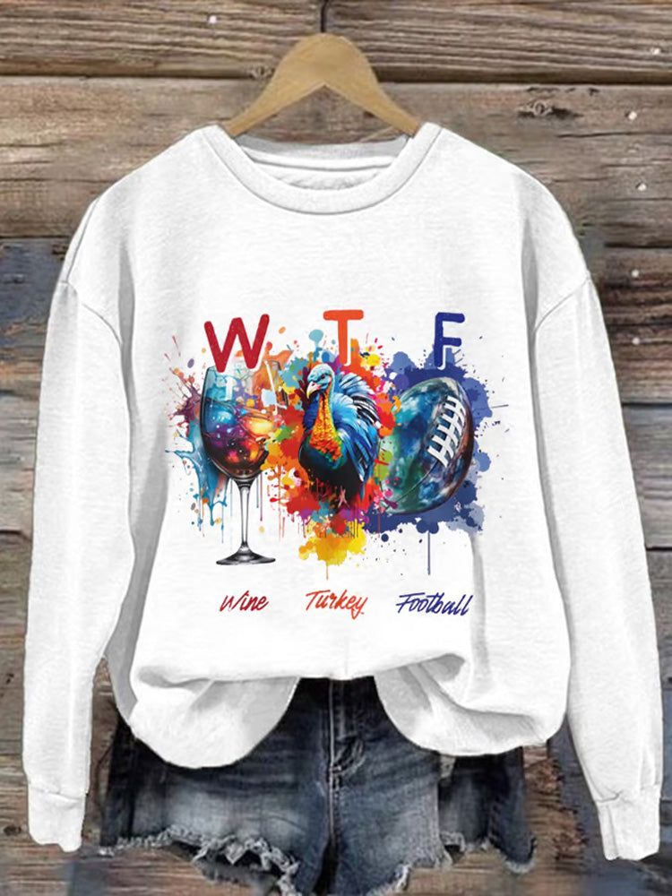Women's Wtf Wine Turkey Football Print Casual Sweatshirt artswardrobe