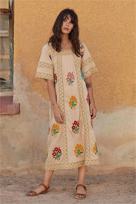 Embroidered Lace Midi Dress