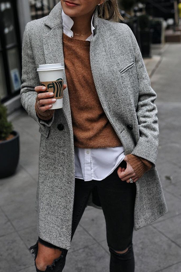 Street Striped Patchwork Buckle Turndown Collar Outerwear(3 Colors)