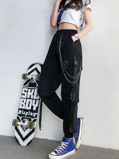 Cargo Pants Harem Pants Punk Pockets Jogger Trousers With Chain Harajuku Elastics High Waist
