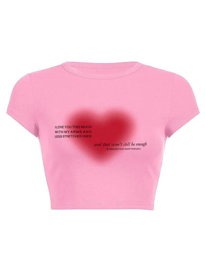 Aesthetic Heart Print T-shirt Anime Letter Kawaii 90’s Crop Tops Summer Short Sleeve Tees Kpop Y2k Clothes Lady