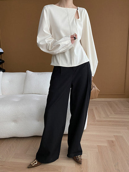 Long Sleeves Loose Asymmetric Belly-hollow Color Round-neck Blouses&shirts Tops