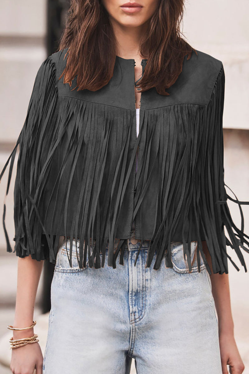 Street Color Fringed Trim O Neck Waistcoats