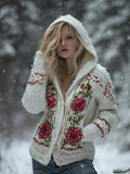 Viking Style Embroidered Rose Cardigan Hooded Sweater artswardrobe
