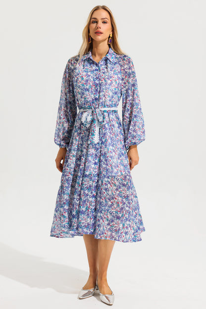 Lantern Sleeve Lapel Midi Dress