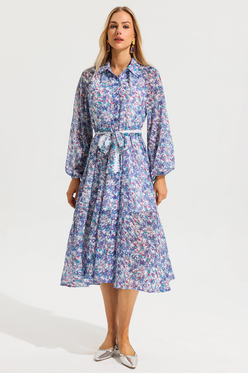 Lantern Sleeve Lapel Midi Dress