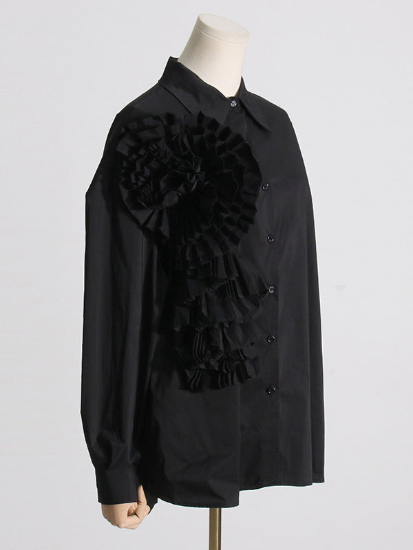Long Sleeves Loose Asymmetric Buttoned Pleated Color Split-joint Three-dimensional Flower Lapel Blouses&shirts Tops