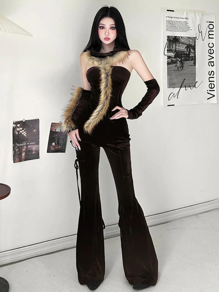 Taruxy Bandage Slim Flare Pant Sets Backless Hoodies Woman Autumn Winter Pants 2 Piece Suits Outfits