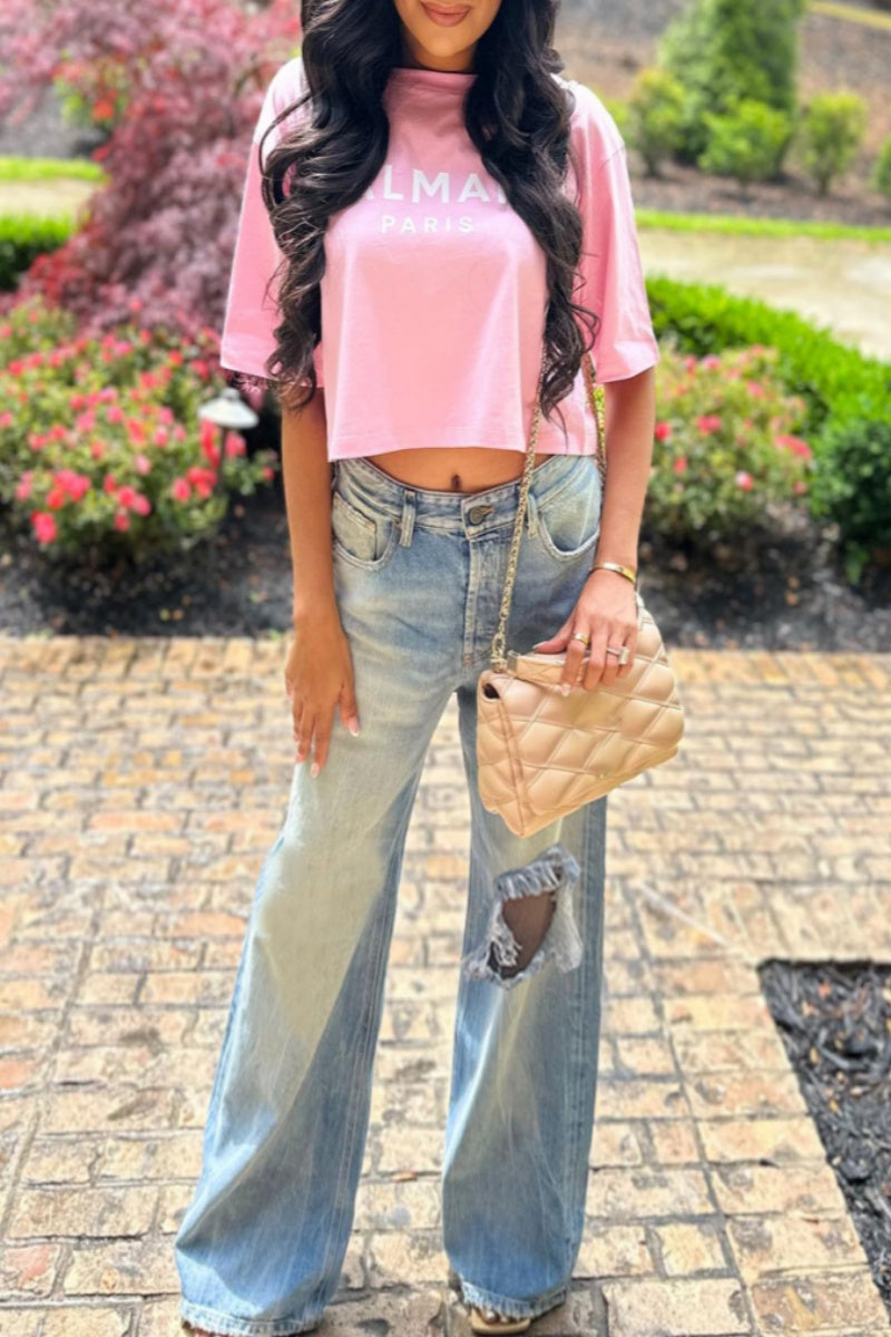 Color Ripped High Waist Straight Denim Jeans