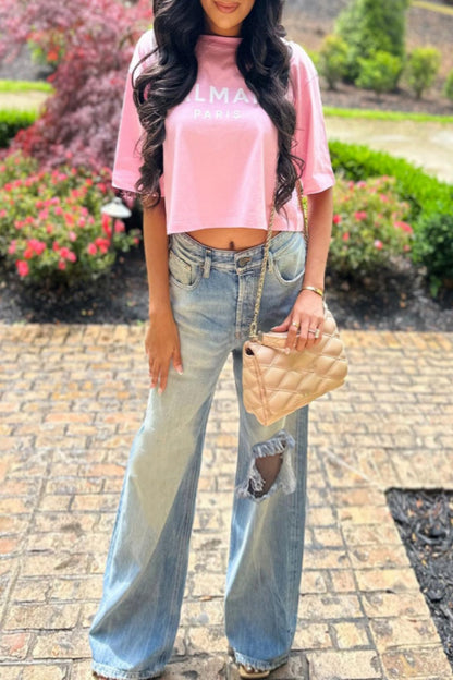 Color Ripped High Waist Straight Denim Jeans