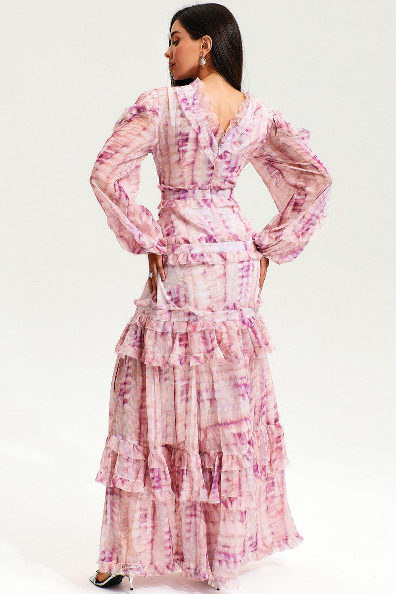V-neck Lace Puff Sleeve Tiered Ruffle Hem Maxi Dress Pink