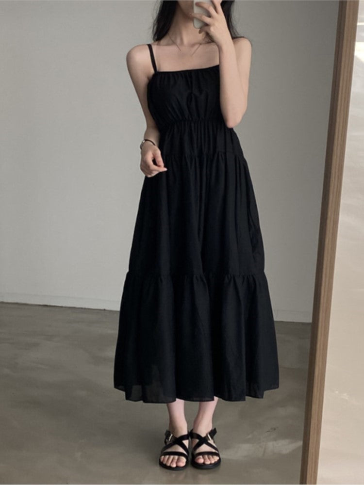 Simple Midi Dress Summer New Chiffon Spaghetti Strap Holiday Beach Style Loose Korean Female Vestidos