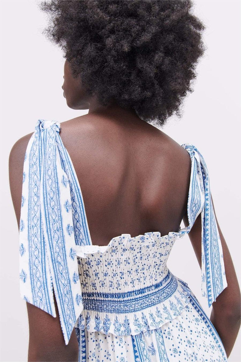 Lace Up Smocking Frill Midi Dress