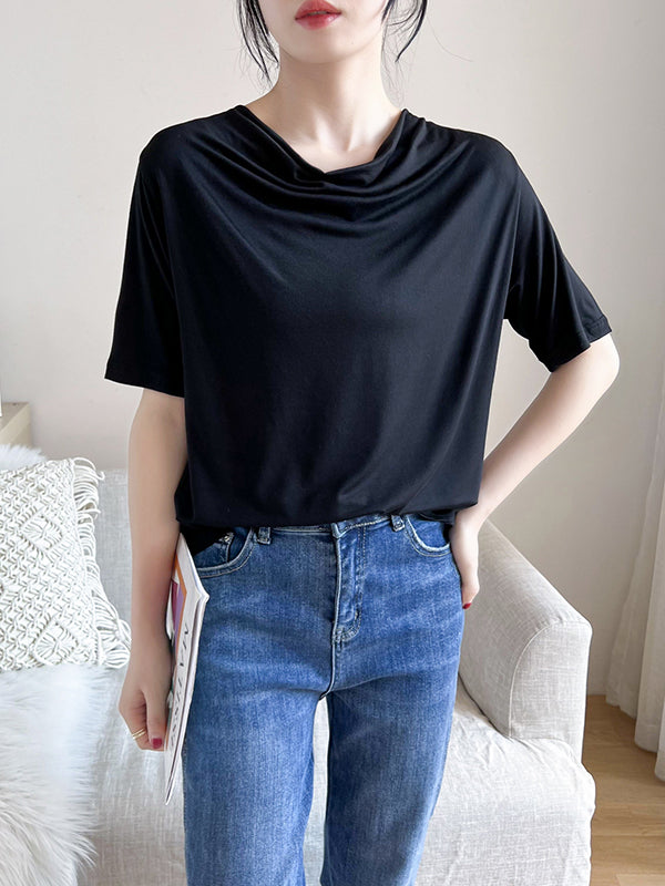 Short Sleeves Pleated Color Heaps Collar T-shirts Tops
