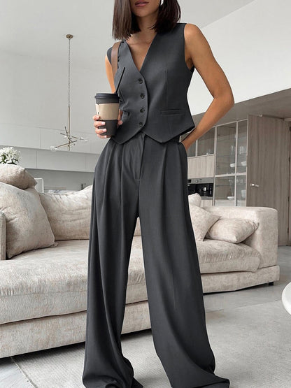 V-neck Waistcoat With Wide Leg Pants Set