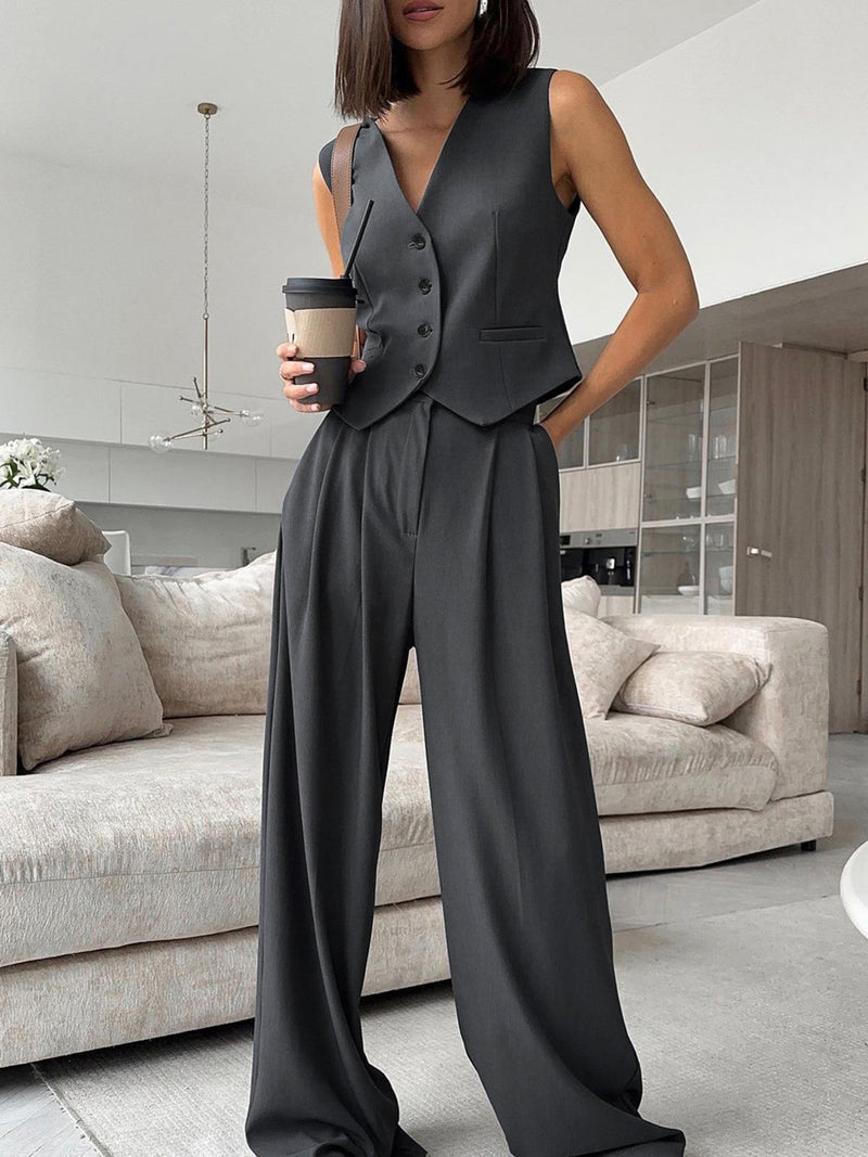 V-neck Waistcoat With Wide Leg Pants Set