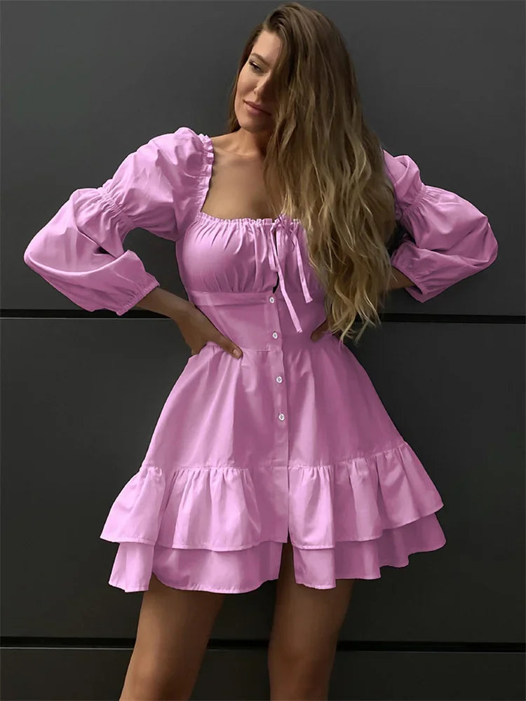 Tossy Lace-up Patchwork Ruffled Mini Dress ’s Square Collar Long Sleeve Party Dress Clothes Summer Dress
