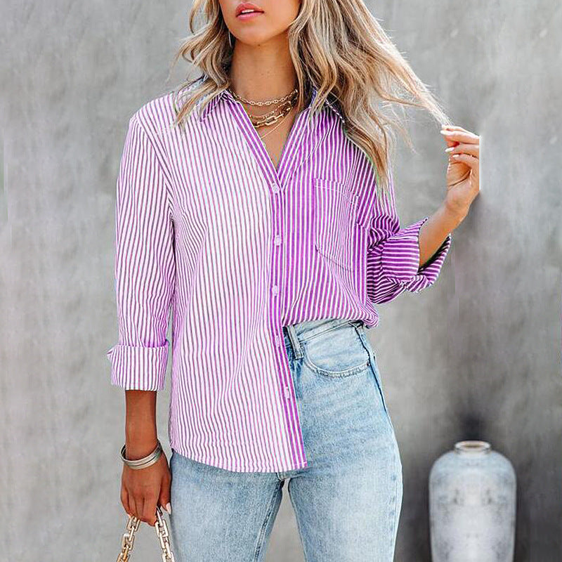 Autumn Winter New Striped Printing Color Contrast Long Sleeved Cardigan Single Breasted Shirt
