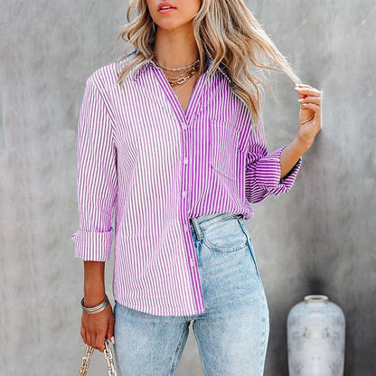 Autumn Winter New Striped Printing Color Contrast Long Sleeved Cardigan Single Breasted Shirt
