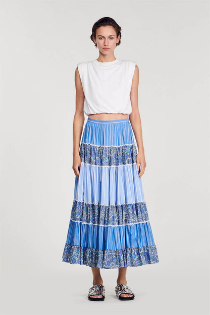 Mid Waist Stripe Lace Midi Skirt