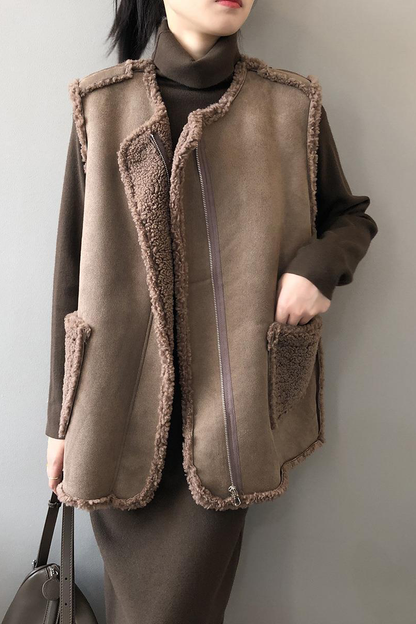 Pocket Patchwork Fluffy O Neck Waistcoats