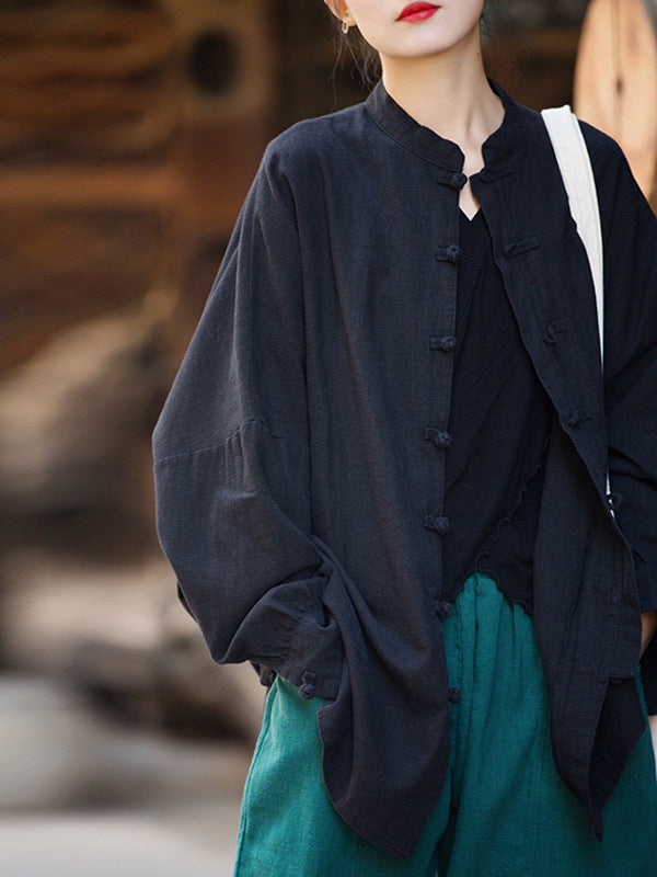 Batwing Sleeves Loose Chinese Frog Buttons Pleated Color Split-joint Stand Collar Blouses