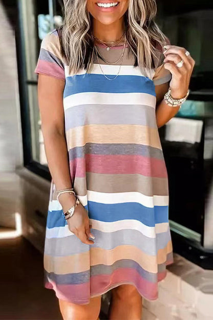 Street Striped Patchwork Pocket O Neck T-shirt Dress Short Sleeve Dress(5 Colors)