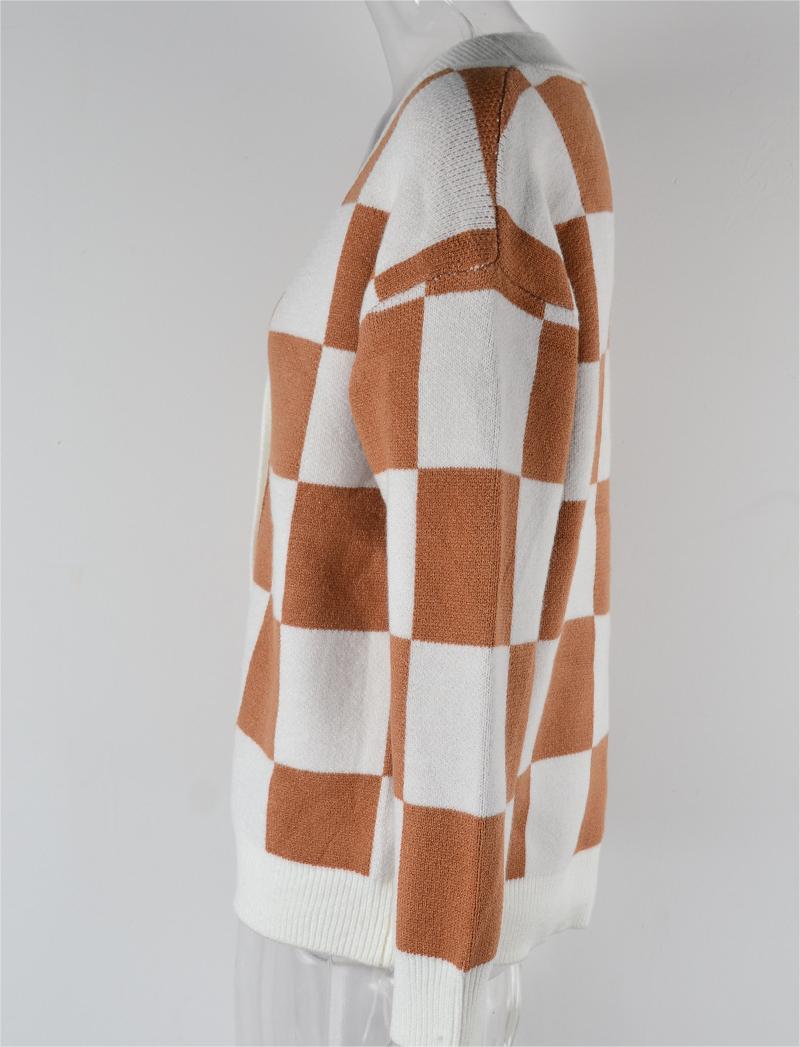 Autumn Winter Plaid Sweater Stitching Cardigan Top Knitted Coat Tide