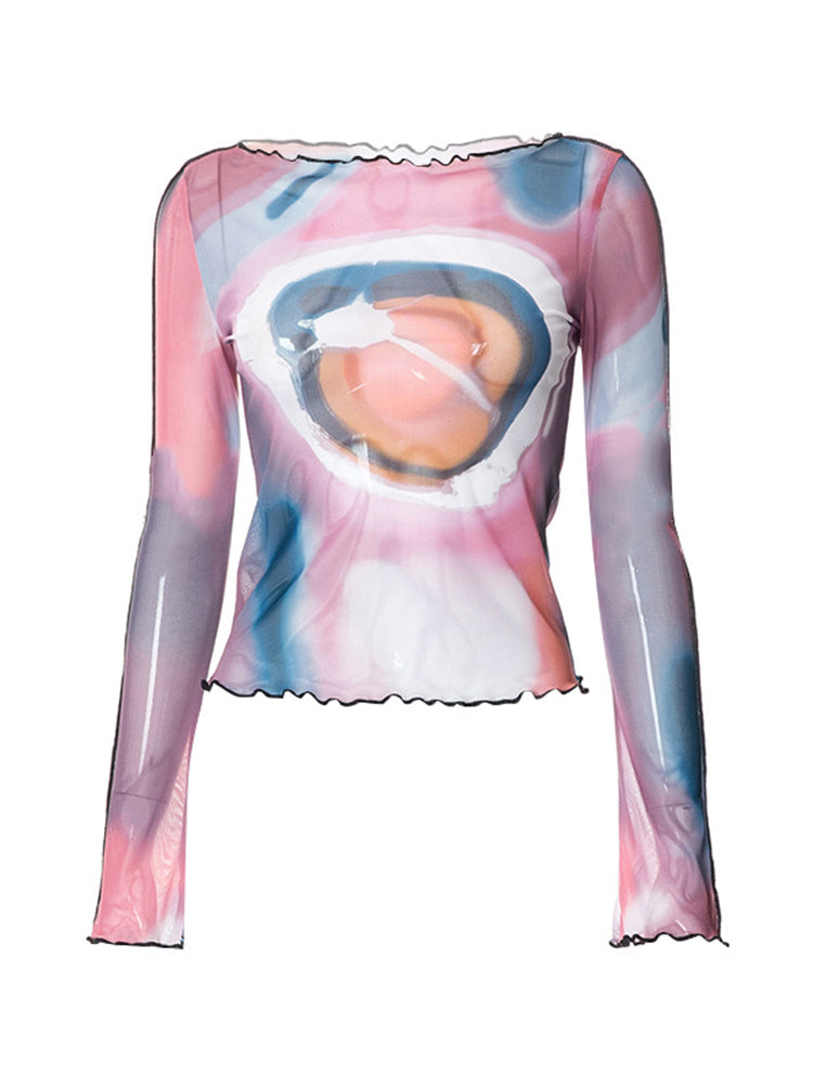 Y2k Long Sleeve Crop Top Grunge Fairycore Tie Dye Print Long Sleeve T Shirts 2000s Clothes Mesh Tee