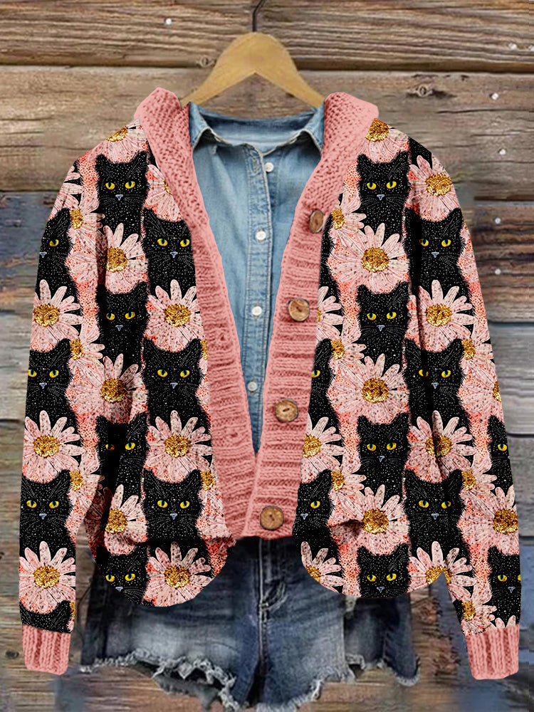 Gold Glitter Black Cat Art Cozy Hooded Cardigan elevenforest