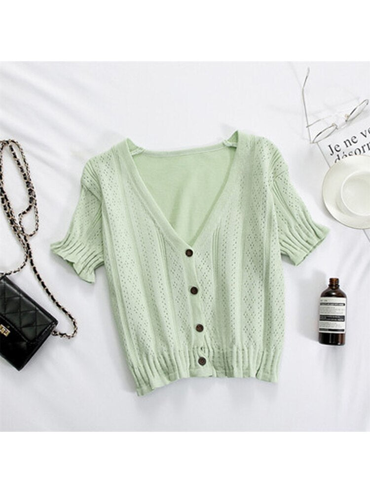 T-shirts V-neck Button Up Tees Short Sleeve T-shirts Knitted Cadigans Crop Tops for Summer Tee