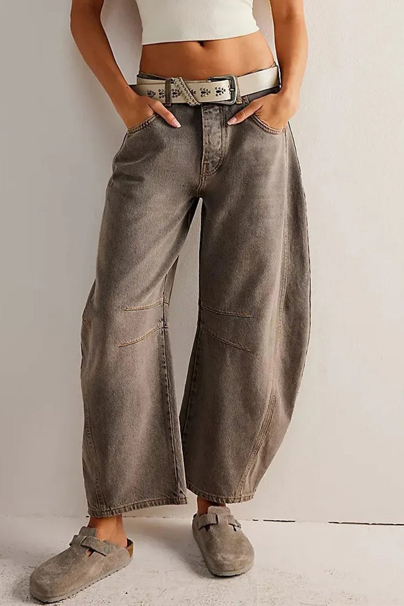 Pocket Without Belt Mid Waist Loose Denim Jeans(no Belt)