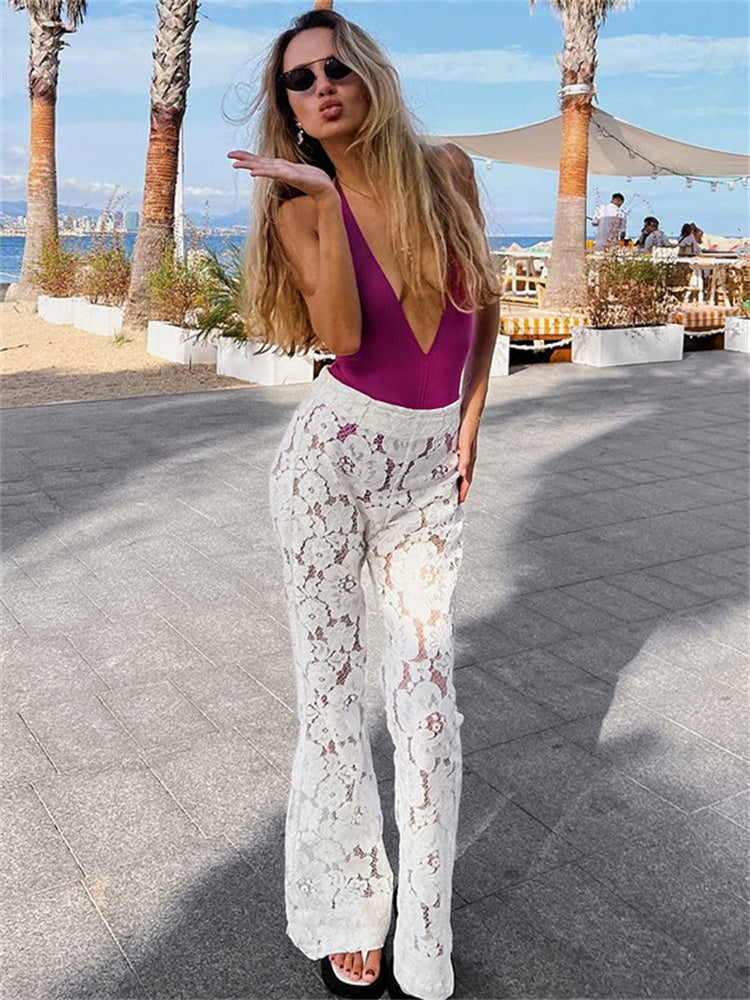 Tossy White Printed High Waist Straight Legg Patchwork Hollow Out Lace Pants Summer