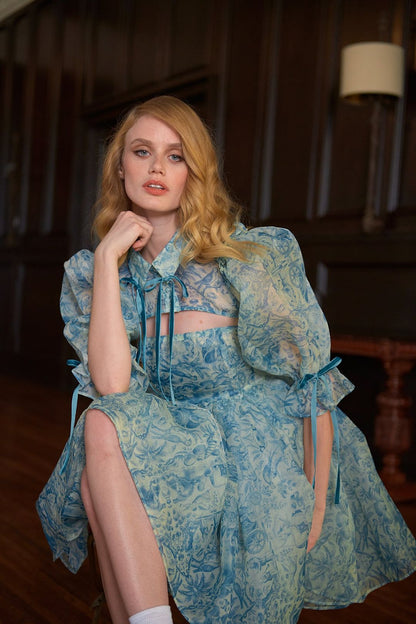 Puff Sleeve Lace Up Doll Collar Mini Dress
