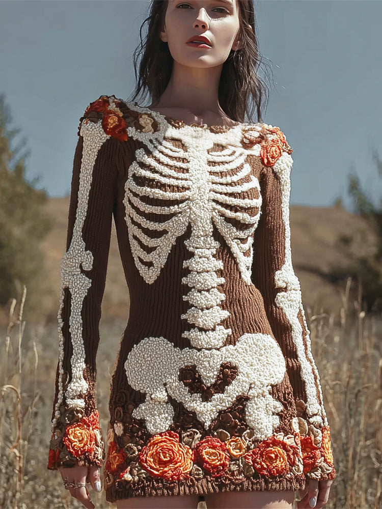 Halloween Skeleton & Floral Art Women's Knit Mini Dress artswardrobe