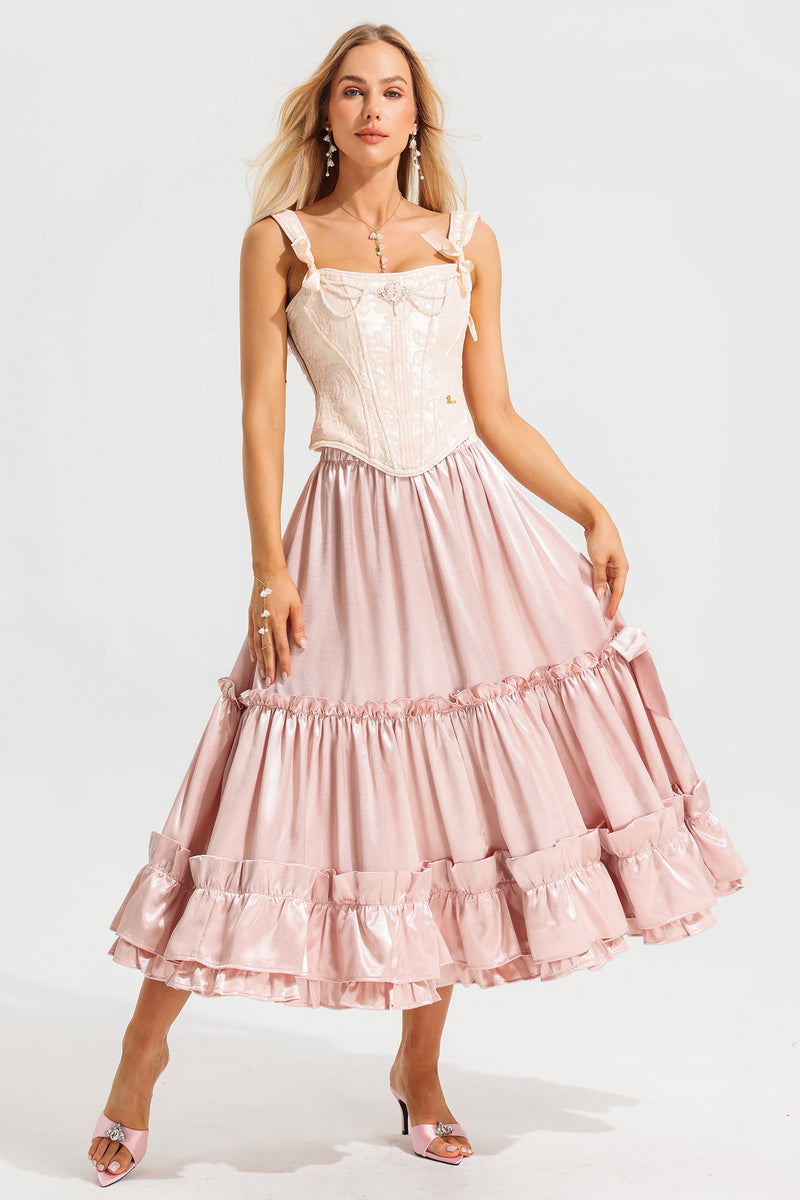 Mid Waist Ruffle Midi Skirt