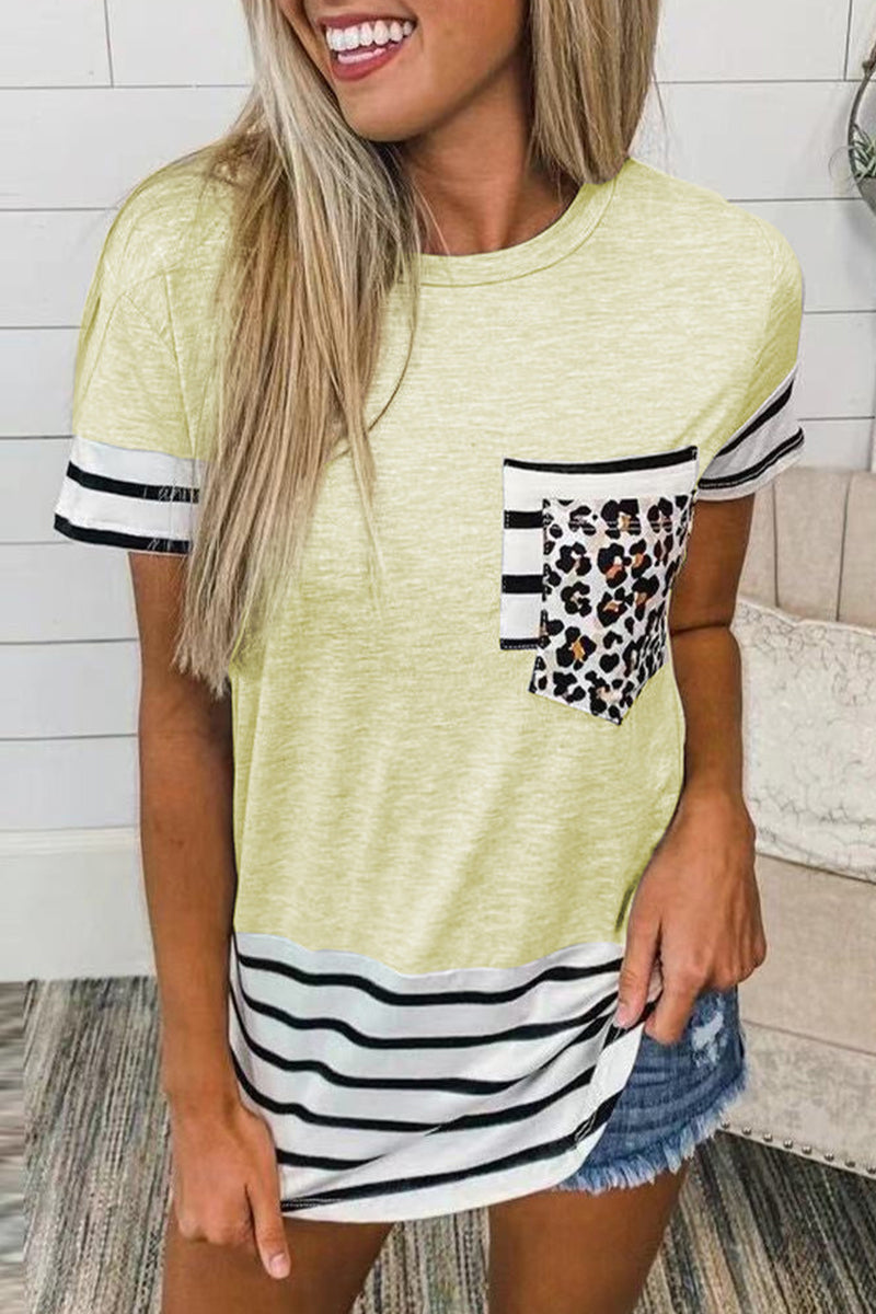 Striped Leopard Patchwork Pocket T-shirts(10 Colors)