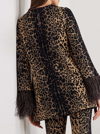 Long Sleeves Feathers Leopard Round-neck Pants Pants Set T-shirts Tops Two-piece Sets