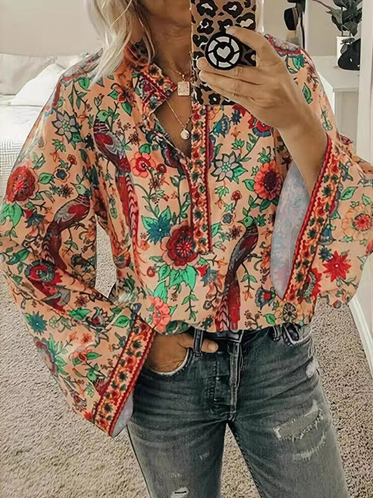 Flared Sleeves Long Sleeves Flower Print V-neck Blouses&shirts Tops