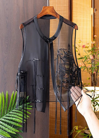 Modern Black O-neck Embroidered Silk Waistcoat Summer