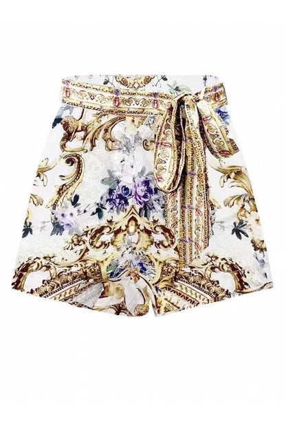 Palace Print Rhinestone Lantern Sleeve Top & Hight Waist Short Set With Belt