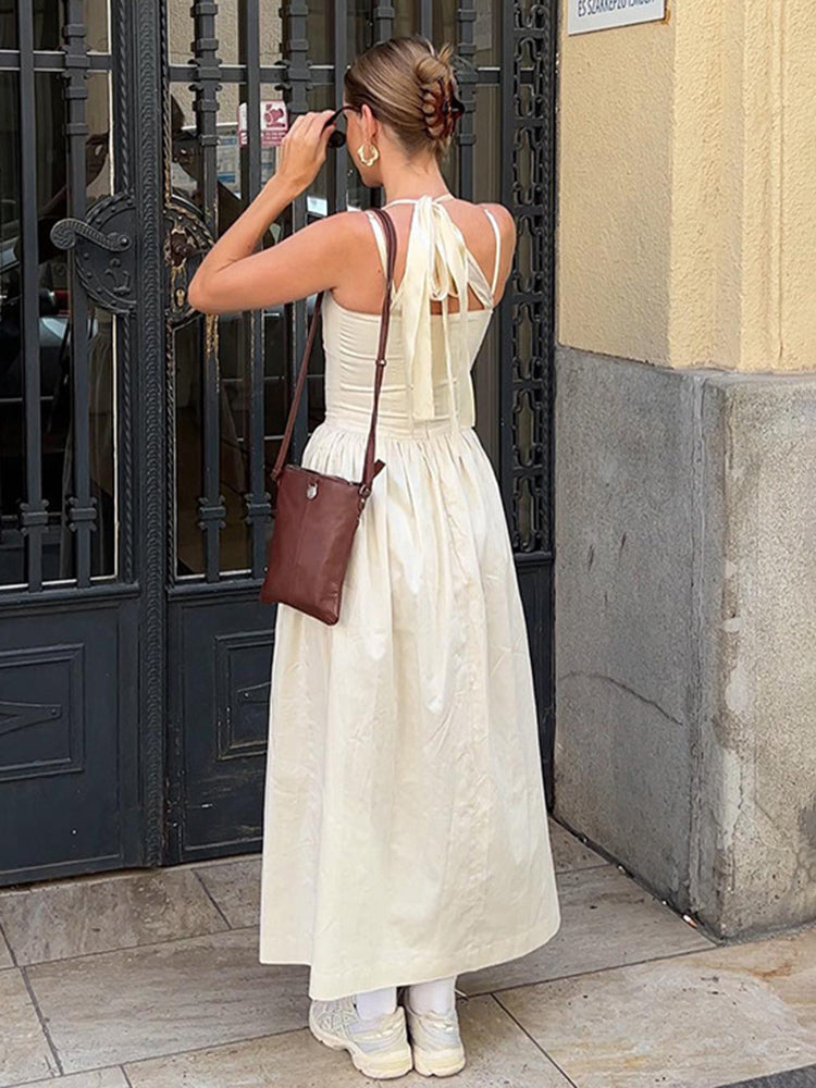 Tossy Long Sundress Dress Patchwork Lace Up A-line Folds Sleeveless Female Party Evening Tank Maxi Dress